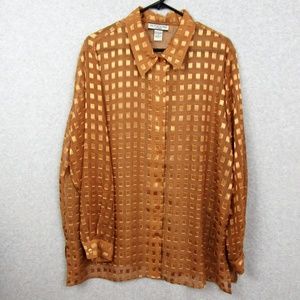 Gold Sheer Button Down Blouse Shirt Long Sleeve